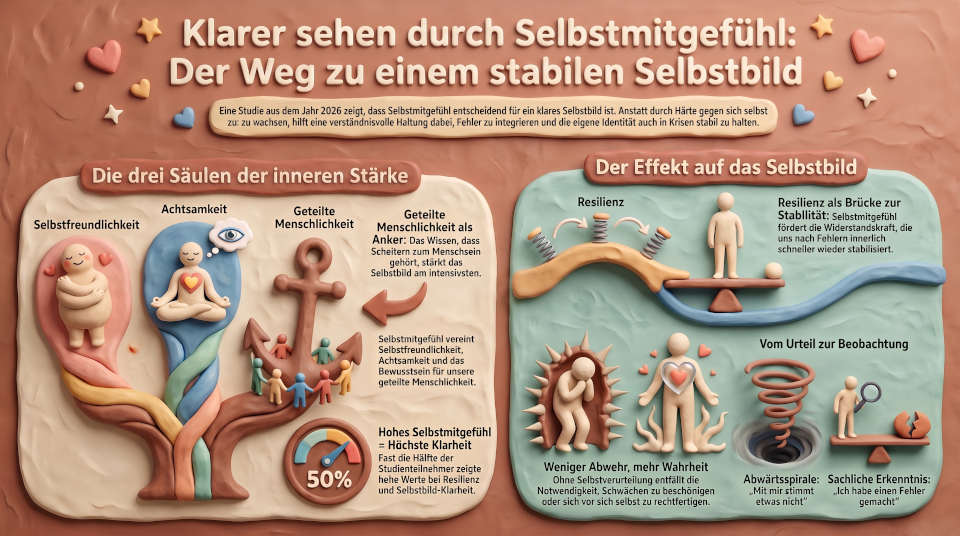 Infografik zu Selbstmitgefühl, Resilienz und Selbstkonzept-Klarheit: Selbstfreundlichkeit, Achtsamkeit und geteilte Menschlichkeit stärken ein stabiles Selbstbild.