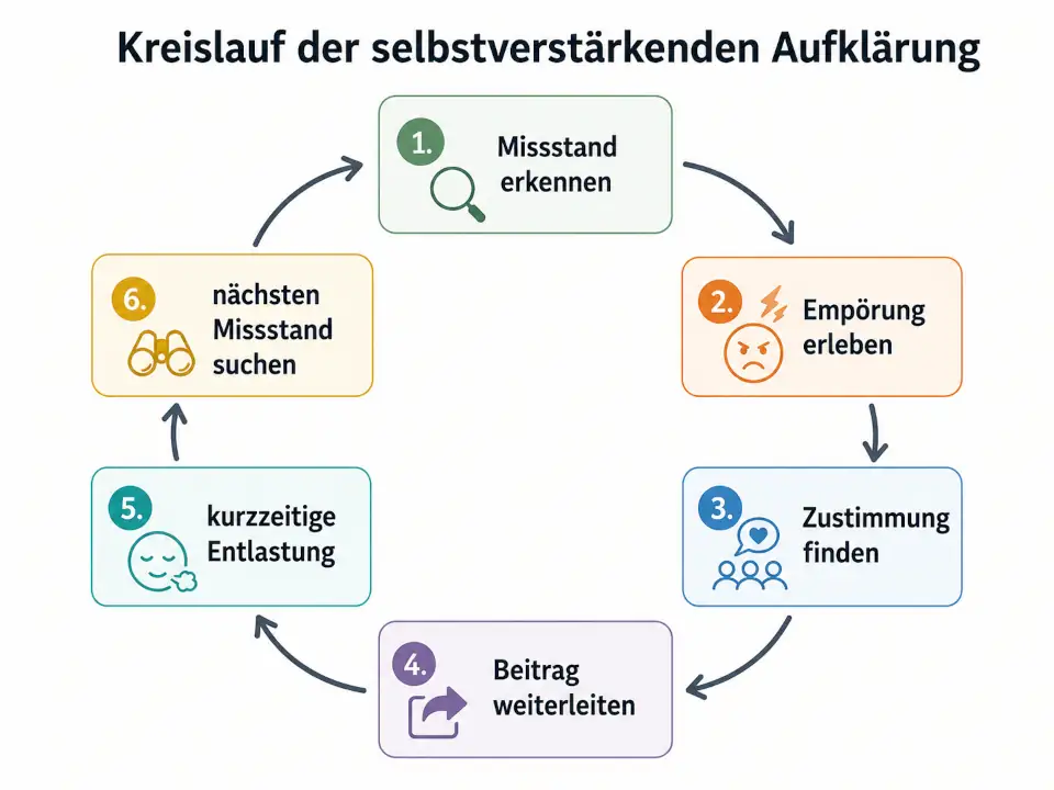 Infografik zum Kreislauf der selbstverstärkenden Aufklärung mit sechs Schritten: Missstand erkennen, Empörung erleben, Zustimmung finden, Beitrag weiterleiten, kurzzeitige Entlastung und den nächsten Missstand suchen.