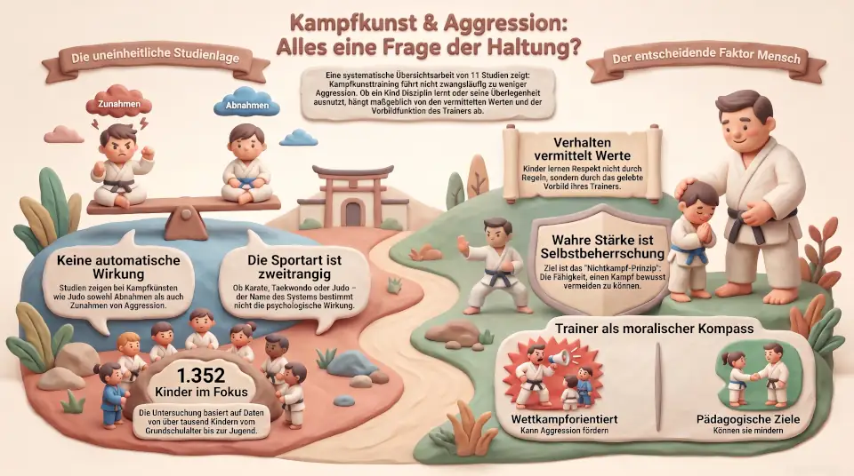 Illustration über den Einfluss von Trainern und pädagogischen Werten auf Aggression bei Kindern im Kampfkunsttraining