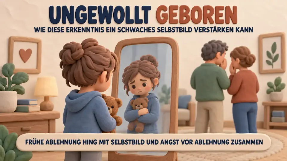 Kind vor einem Spiegel als Symbol für frühe Ablehnung, schwaches Selbstbild und Angst vor späterer Zurückweisung