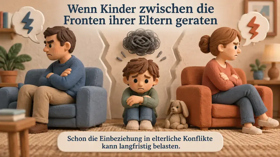 3D-Clay-Illustration eines belasteten Kindes zwischen zwei zerstrittenen Elternteilen