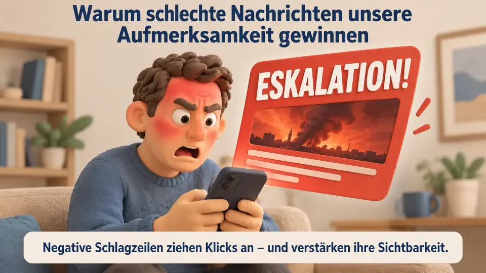 Empörter Mann mit gerötetem Gesicht blickt auf sein Smartphone. Daneben erscheint eine übergroße rote Nachricht mit der Schlagzeile „ESKALATION!“.