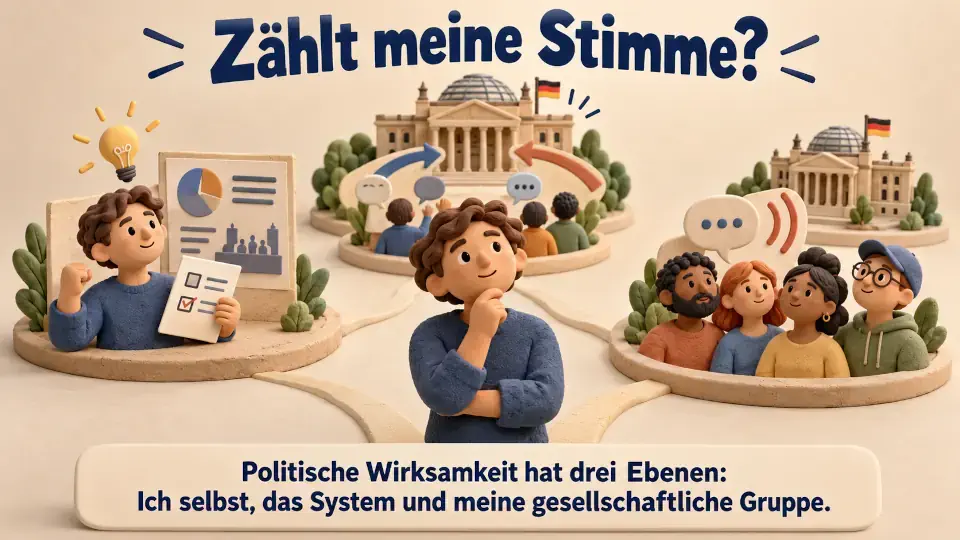 3D-Clay-Illustration zu politischer Wirksamkeit mit einer nachdenklichen Person, Bürgern und einem Parlamentsgebäude